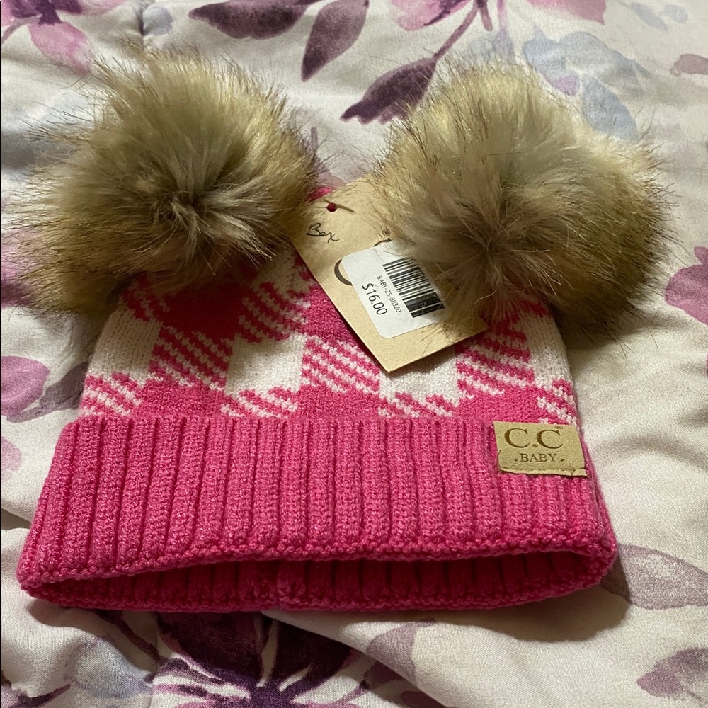 C.C. Baby Pink Check Pom-Pom Knit Hat for Kids